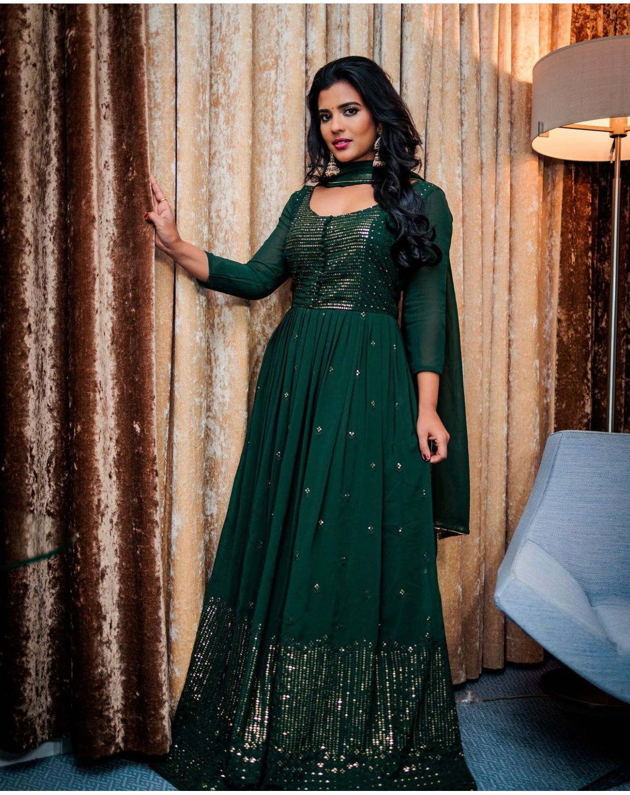 Flattering Sequence Embroidery Work Dark Green Color Gown
