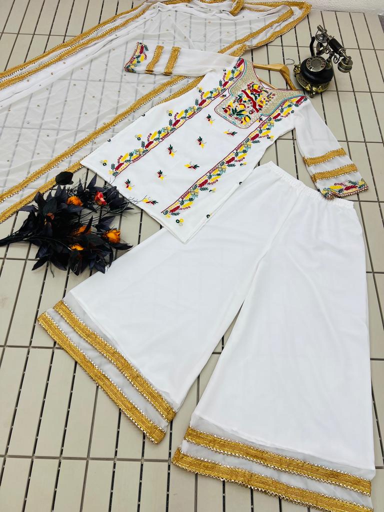 Multi Thread Work White Color Palazzo Suit