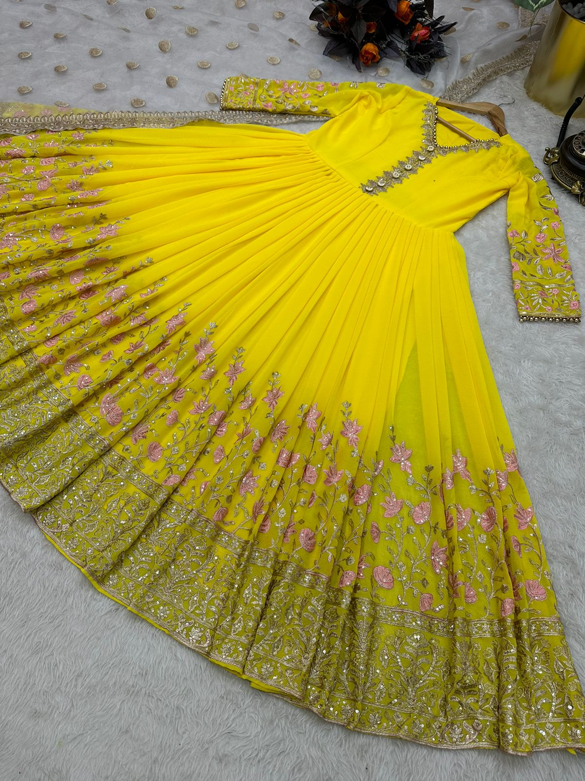 Mesmerizing Sequence Work Yellow Color Gown