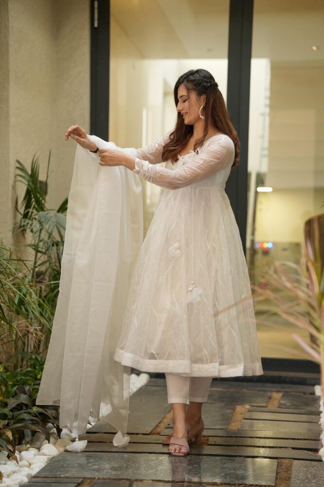 Outstanding White Color Organza Anarkali Suit