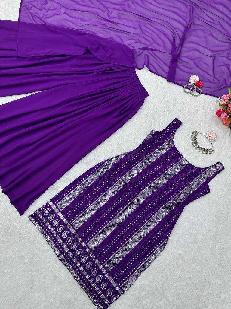 Outstanding Purple Color Sequence Thread Work Sharara Suit