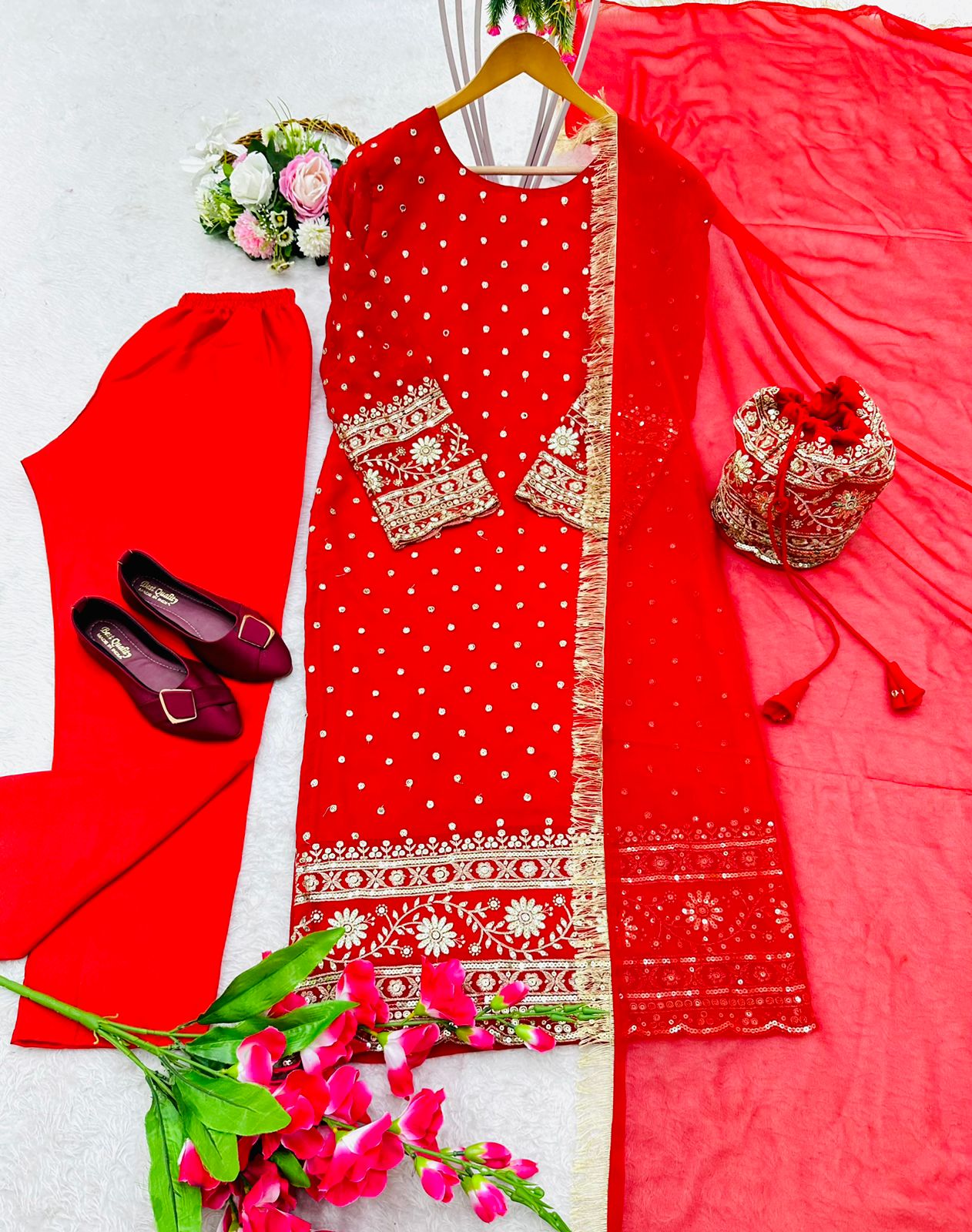 Wonderful Red Color Embroidery Work Salwar Suit