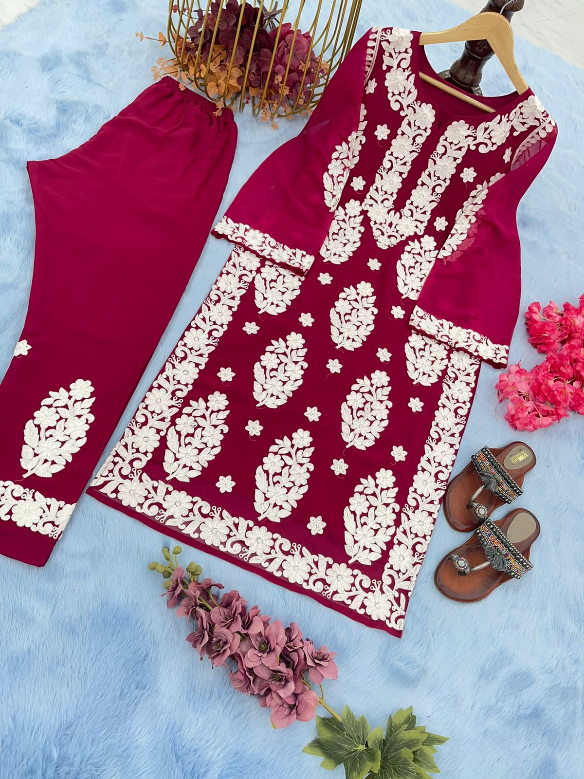 Thread Embroidery Work Dark Pink Color Salwar Suit