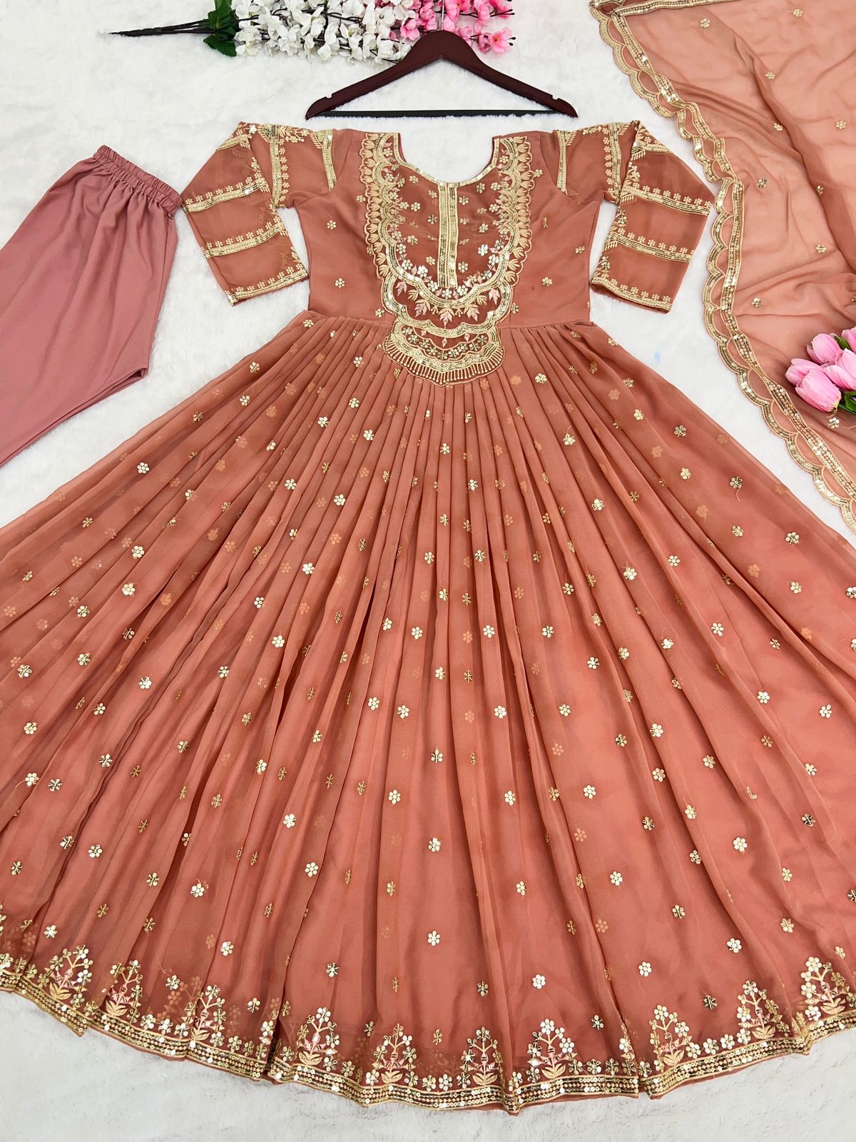 Amazing Embroidery Work Dusty Peach Color Gown