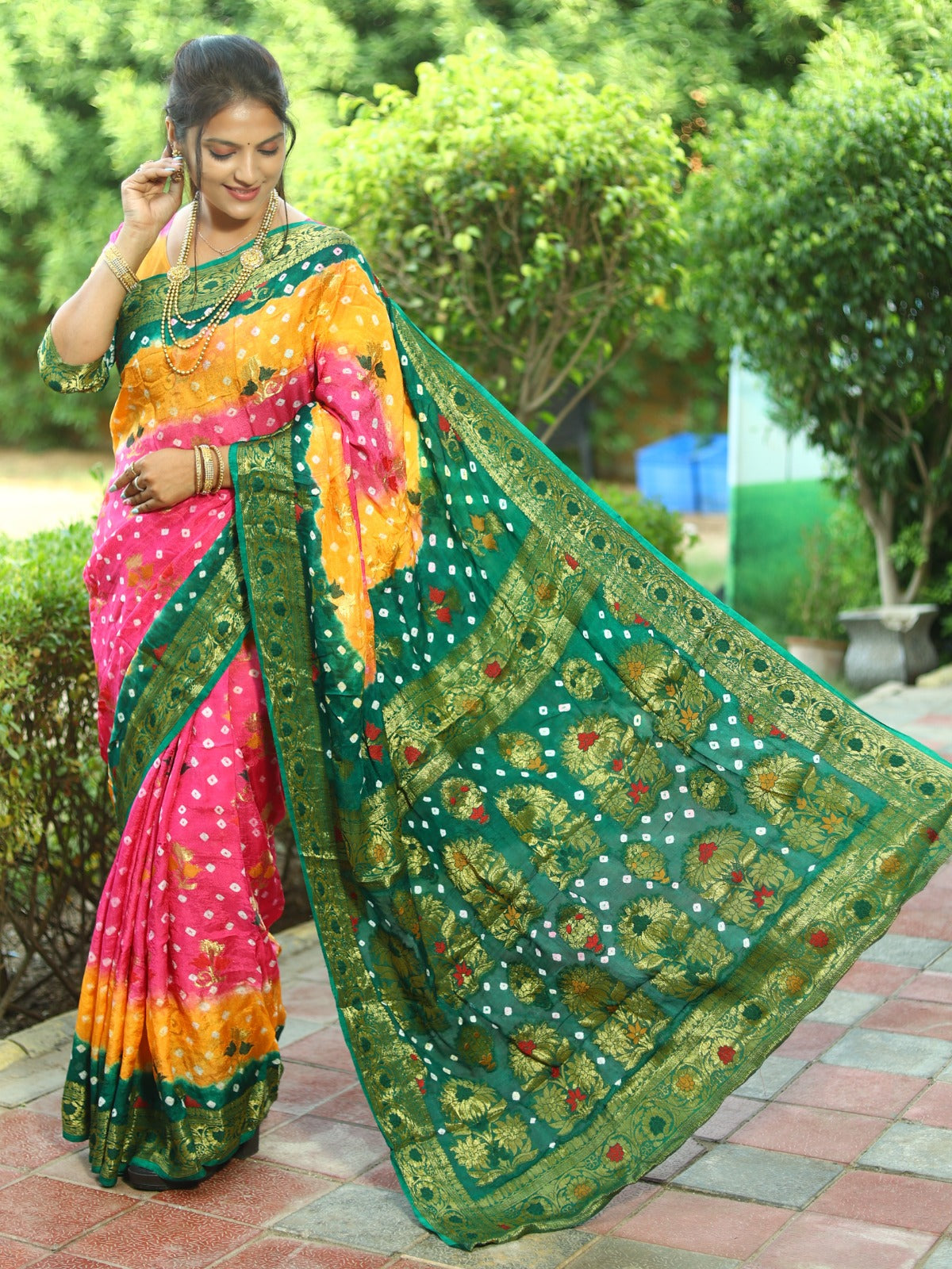 Beautiful Design Border Green With Multi Color Bandhni Saree