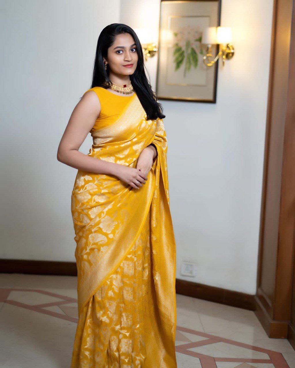 Beautiful Rich Pallu Yellow Color Lichi Silk Saree
