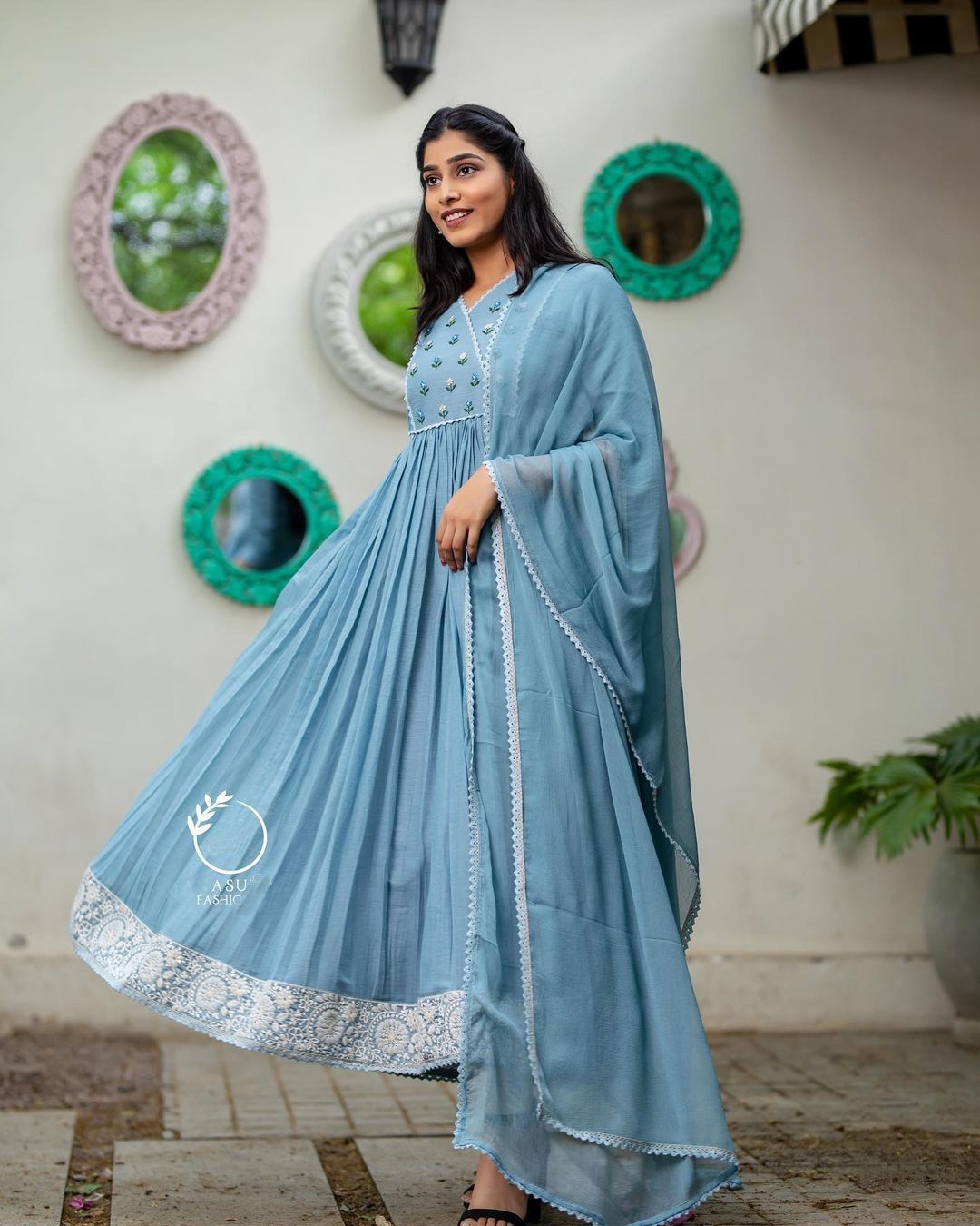 Luxuriant Sky Blue Color Embroidery Work Gown