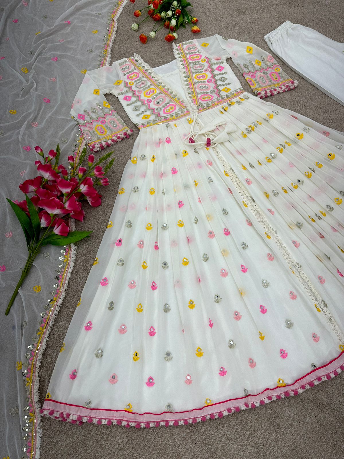 Bollywood White Color Mirror Handwork Anarkali Suit
