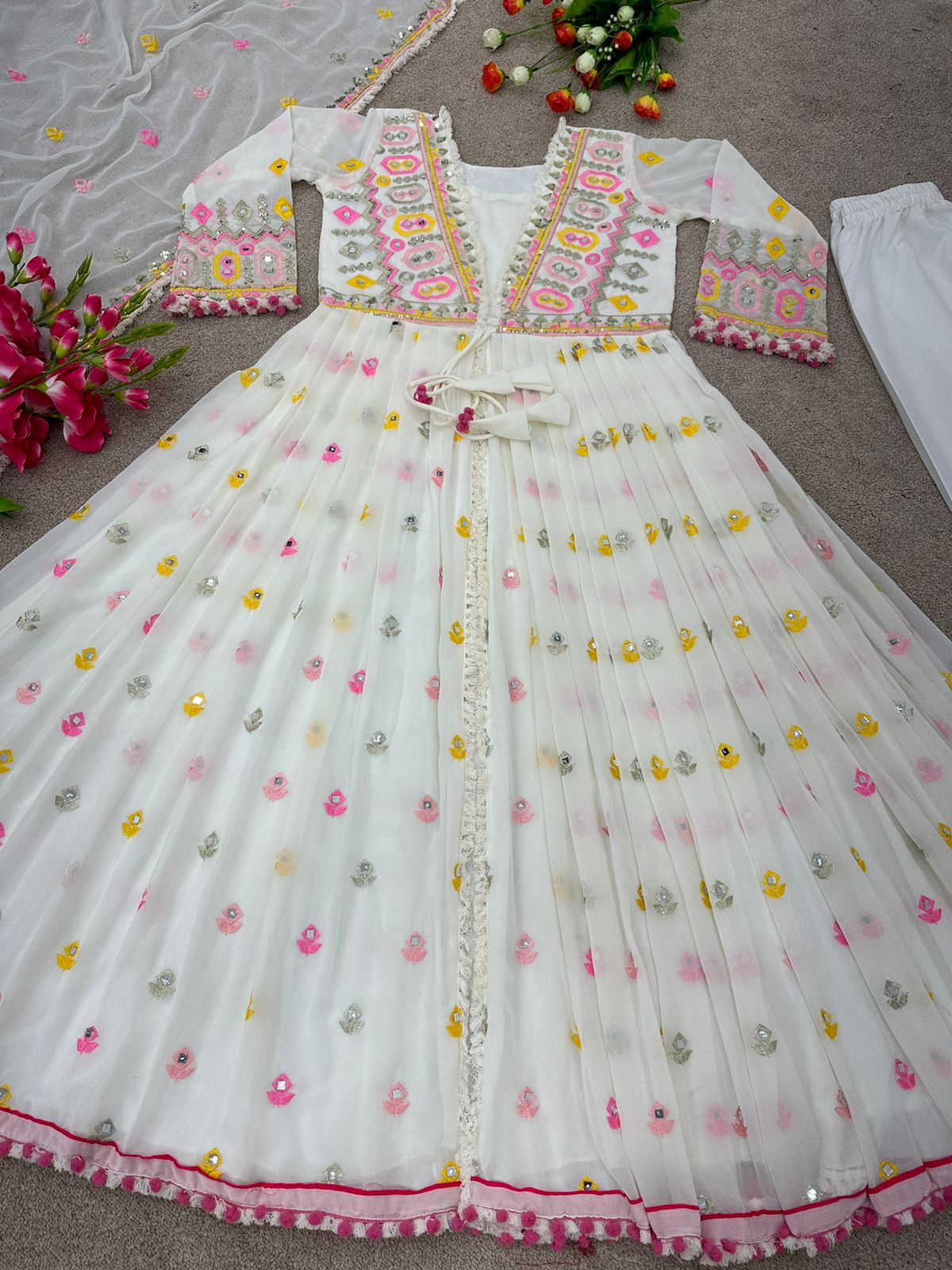Bollywood White Color Mirror Handwork Anarkali Suit