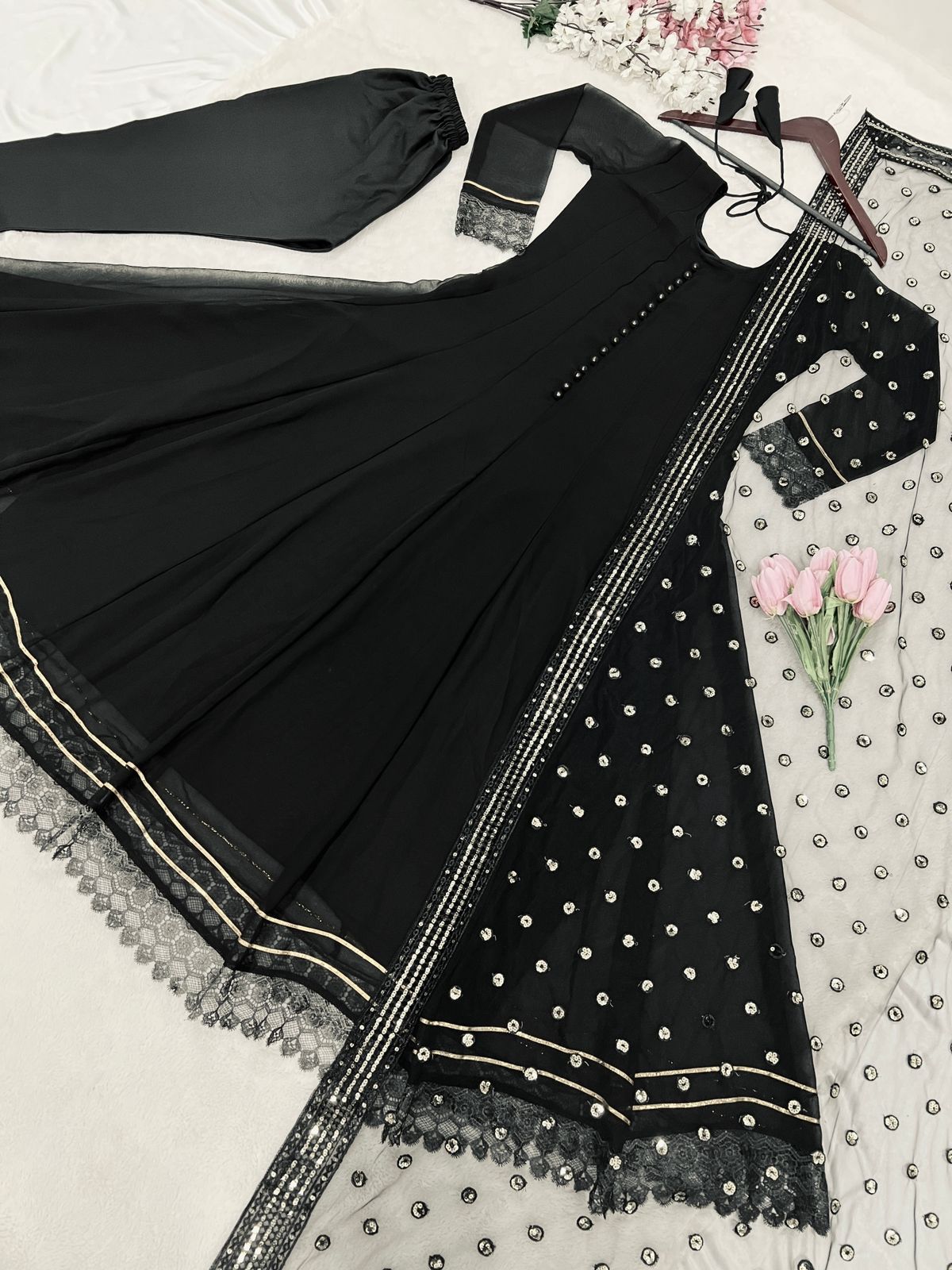 Fancy Border Black Color Plain Anarkali Gown