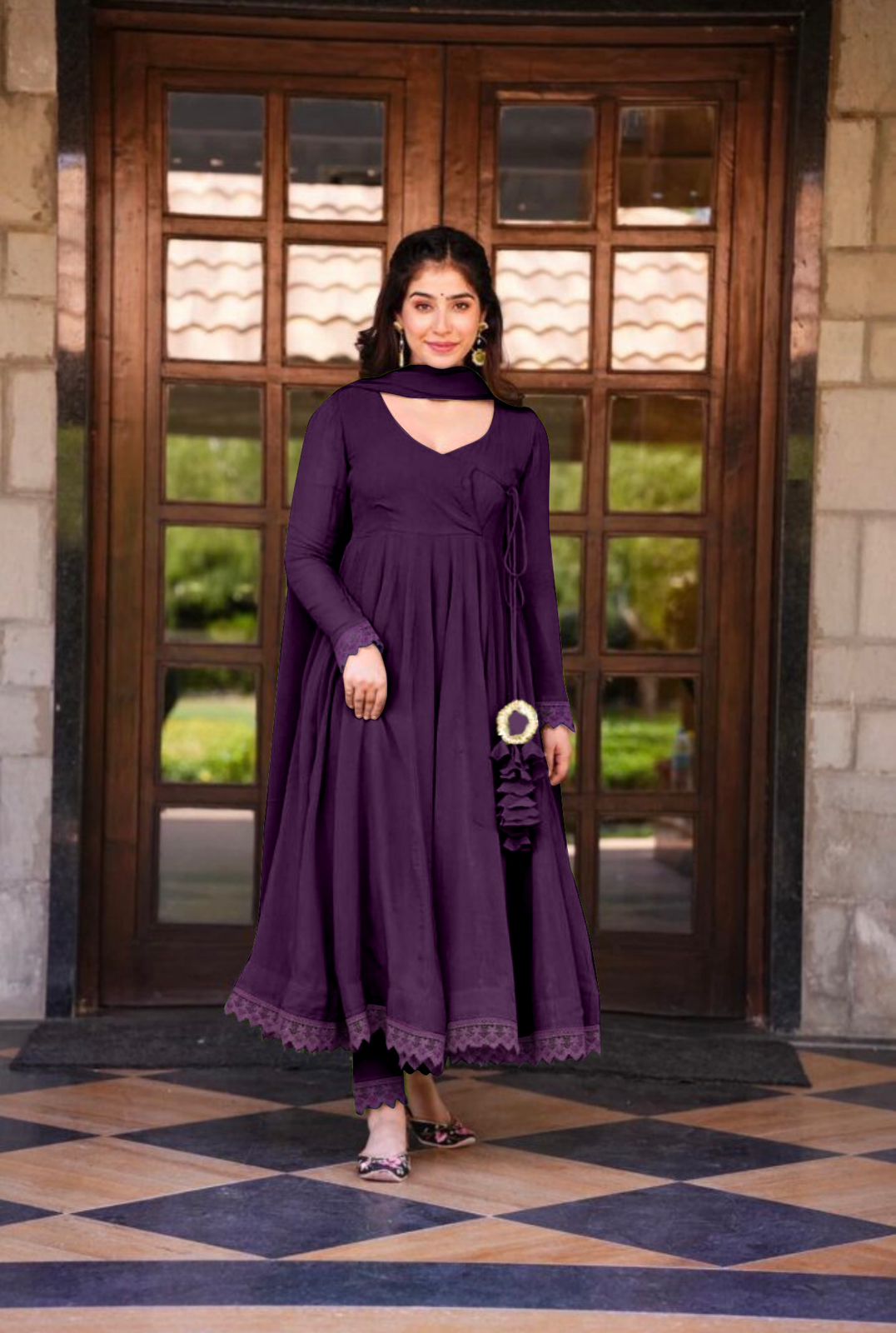 Flattering Purple Color Full Sleeve Anarkali Gown