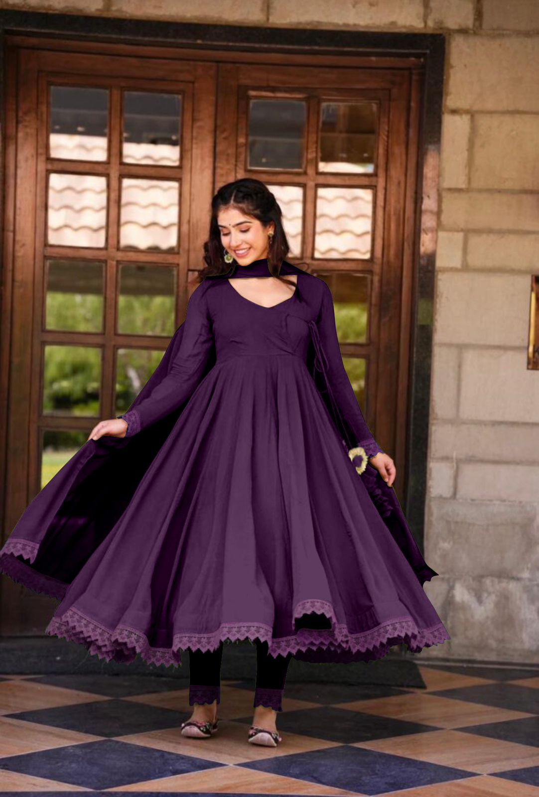 Flattering Purple Color Full Sleeve Anarkali Gown