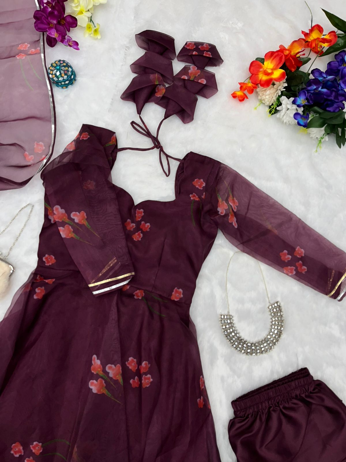Pretty Maroon Color Printed Organza Anarkali Suit