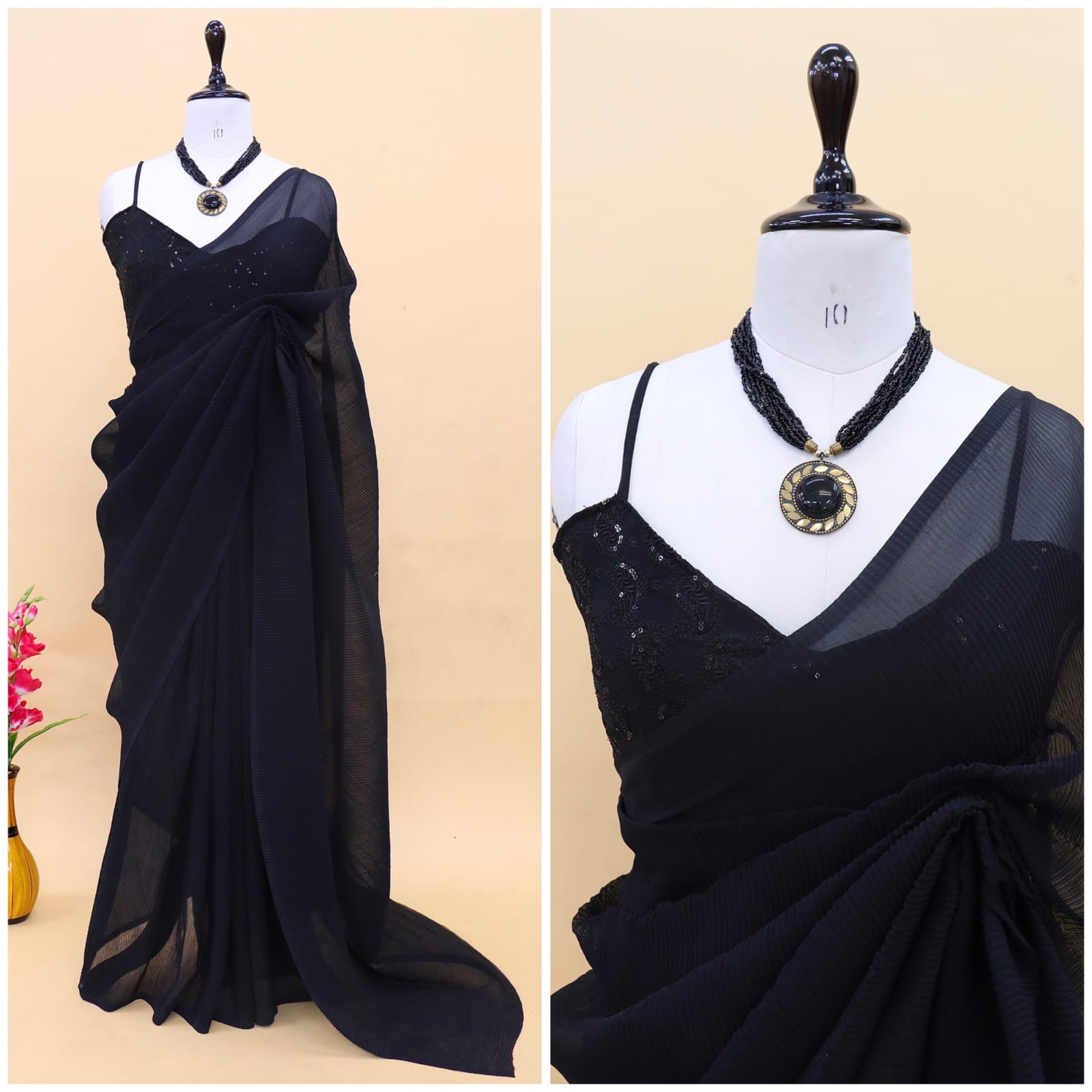 Plated Black Color Saree With Beautiful Work Blouse