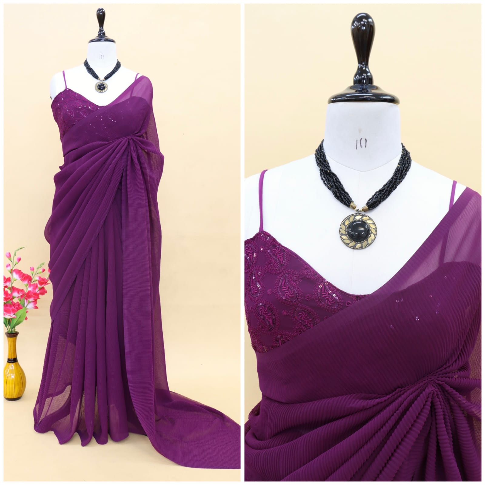 Plated Wine Color Saree With Beautiful Work Blouse