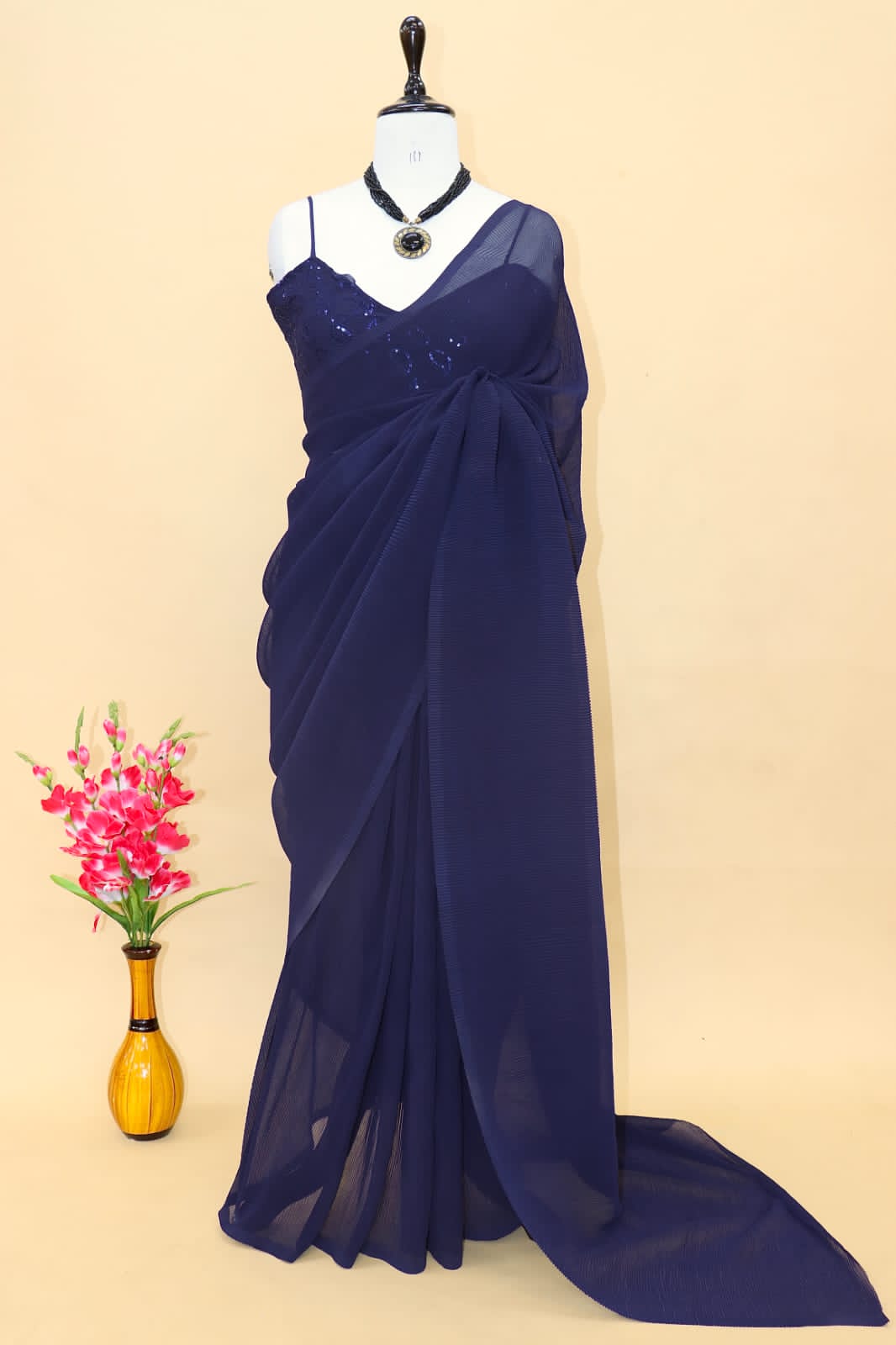 Plated Navy Blue Color Saree With Beautiful Work Blouse