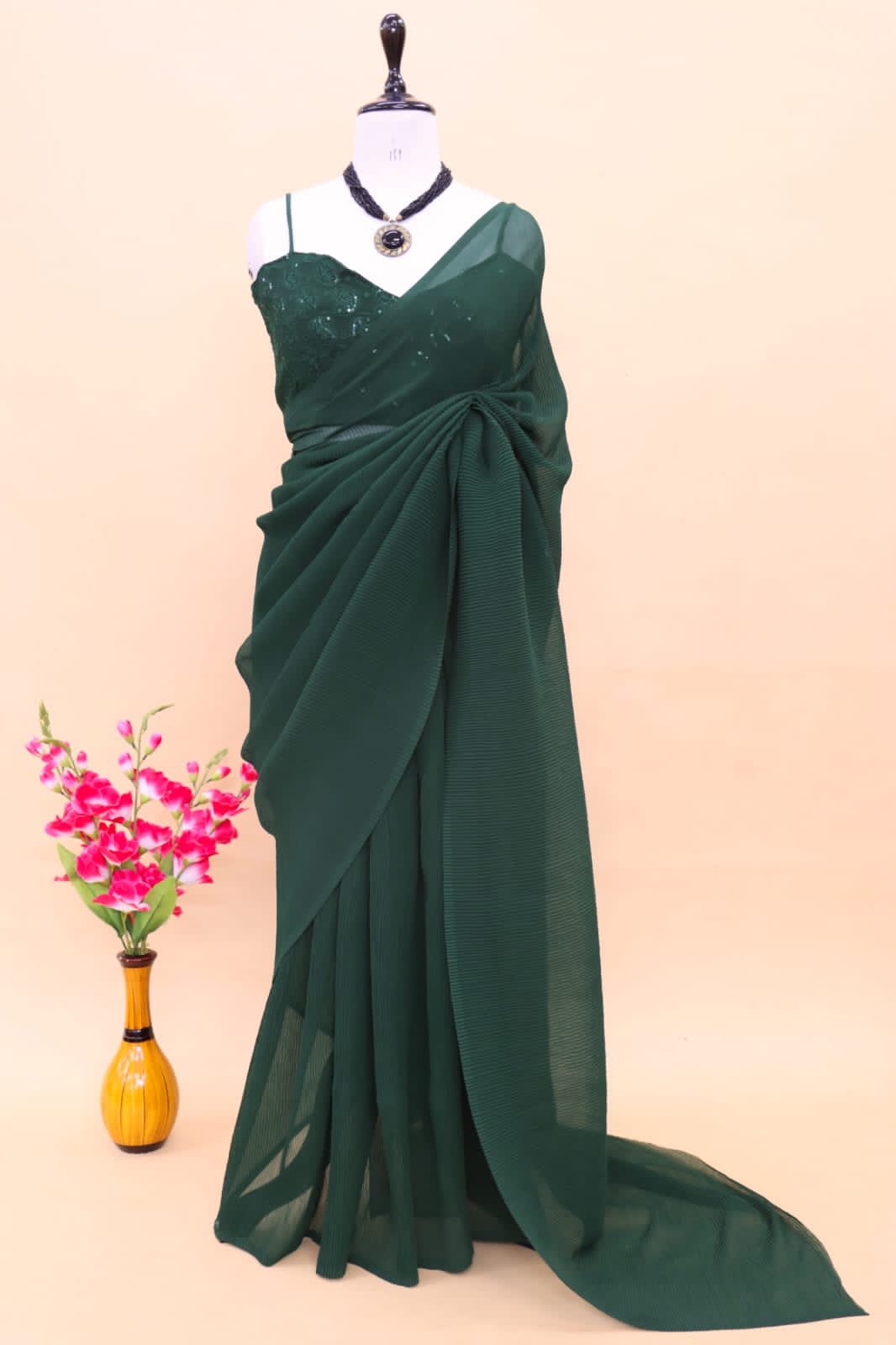 Plated Green Color Saree With Beautiful Work Blouse