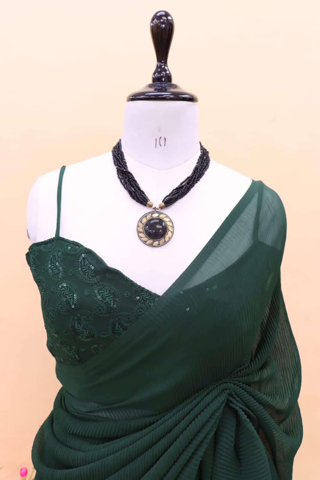 Plated Green Color Saree With Beautiful Work Blouse