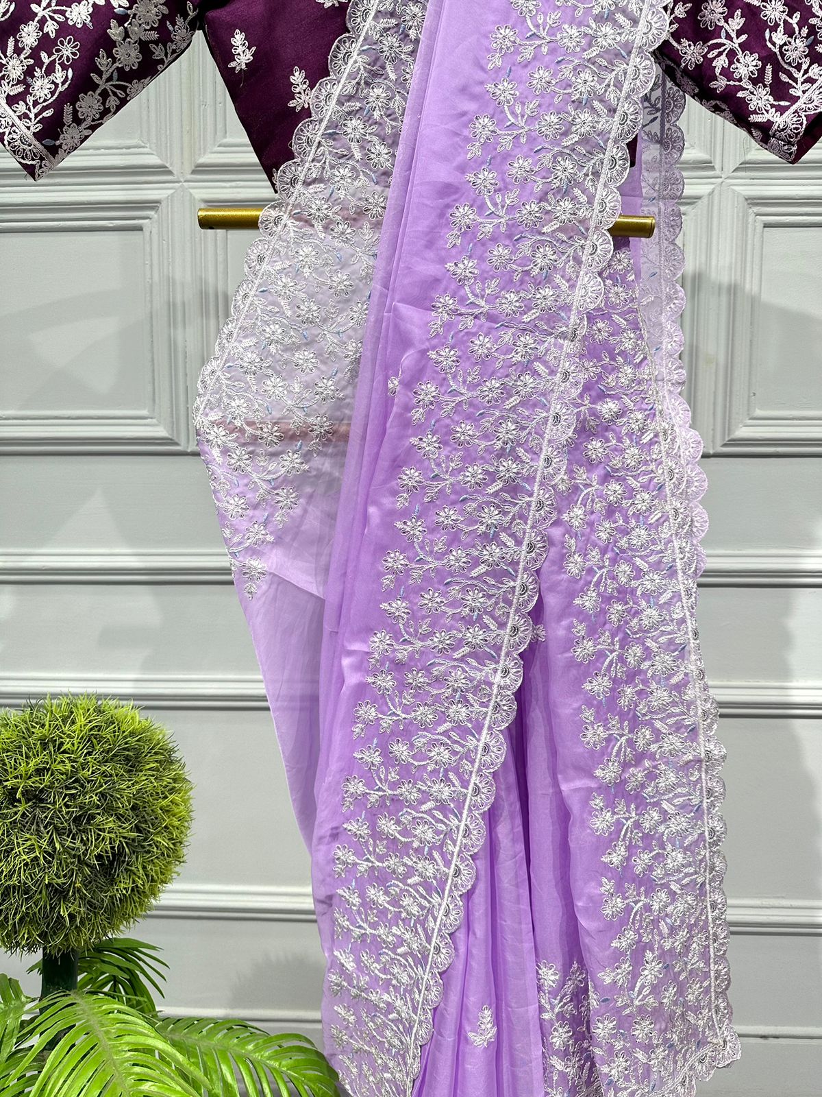 Lavender Color Embroidered Work Organza Silk Saree