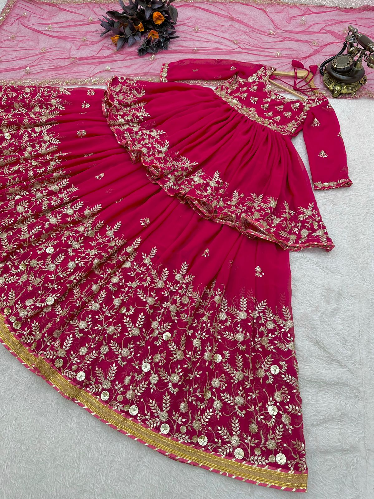 Ravishing Embroidery Work Pink Color Lehenga With Top