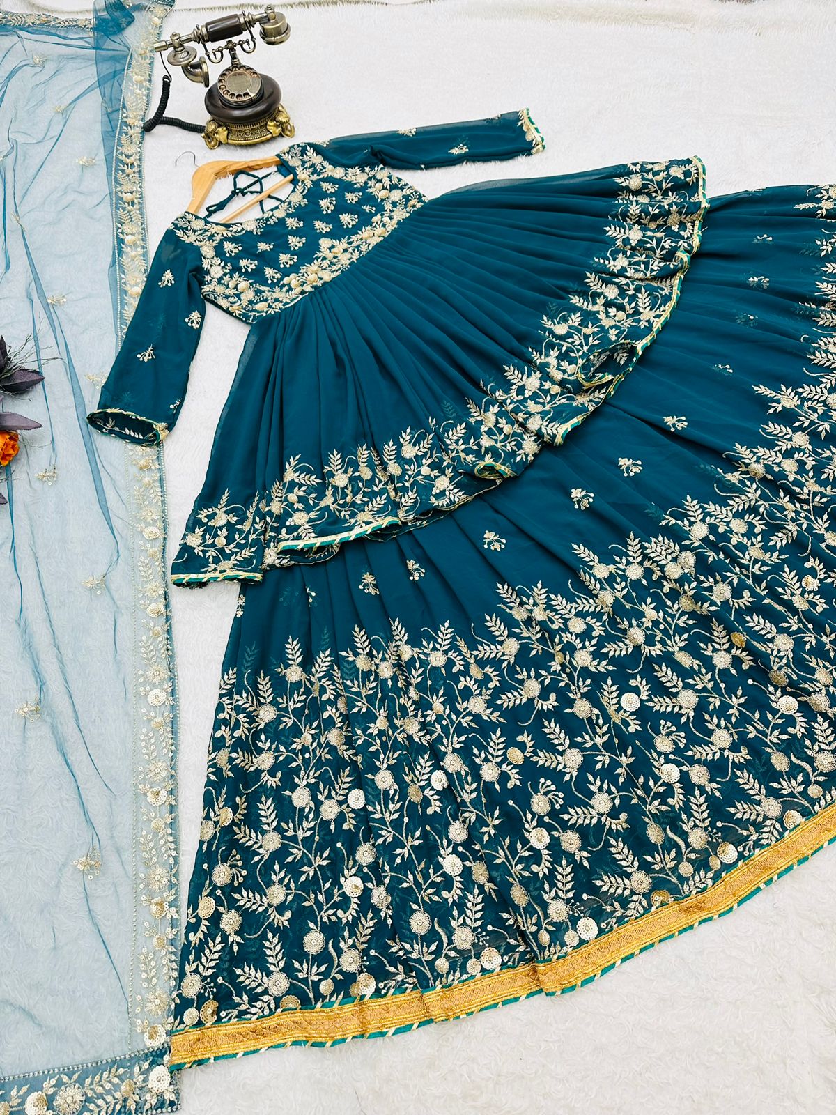Ravishing Embroidery Work Teal Blue Color Lehenga With Top