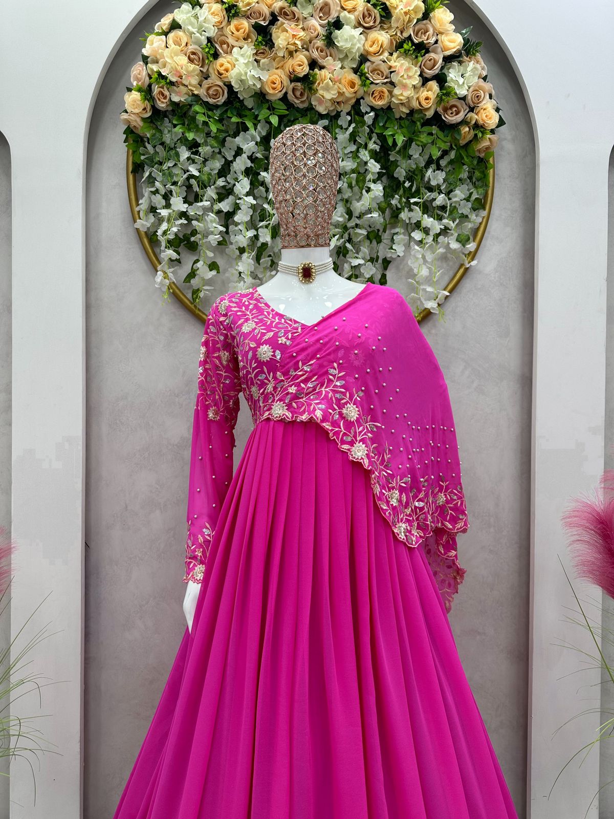 Amazing Pink Color Thread Work Fancy Pattern Gown