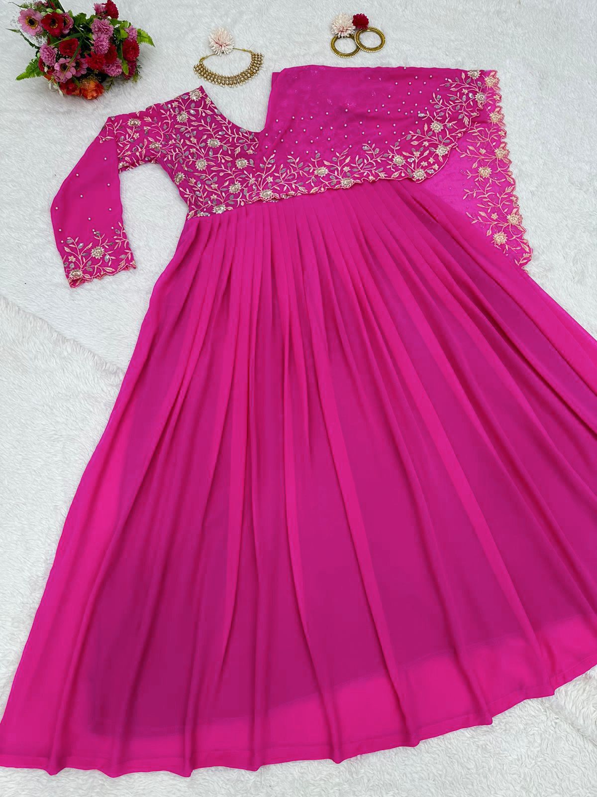 Amazing Pink Color Thread Work Fancy Pattern Gown