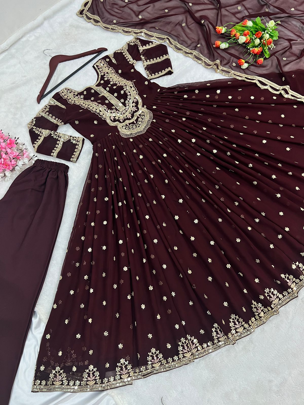 Amazing Embroidery Work Brown Color Gown