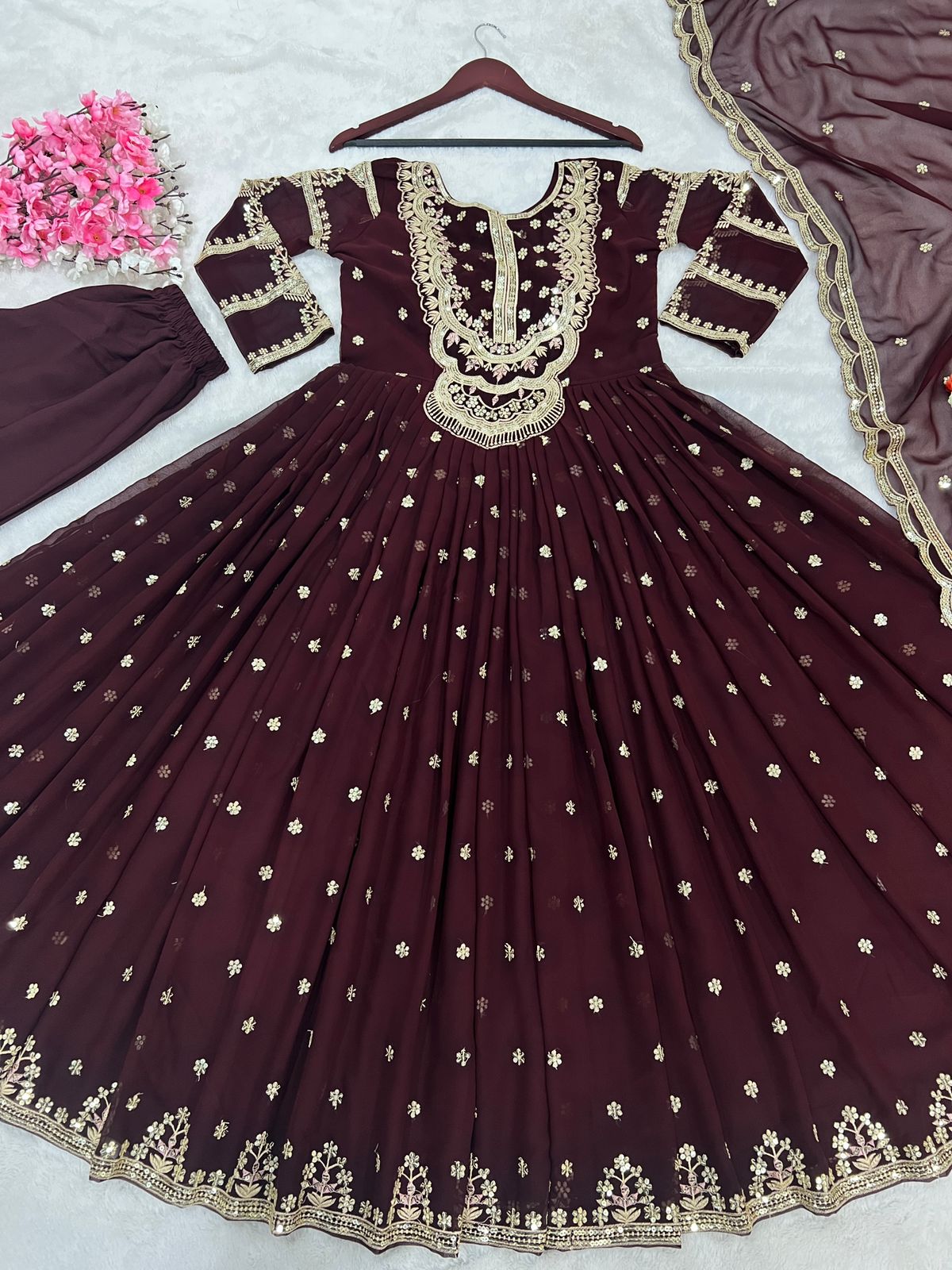 Amazing Embroidery Work Brown Color Gown