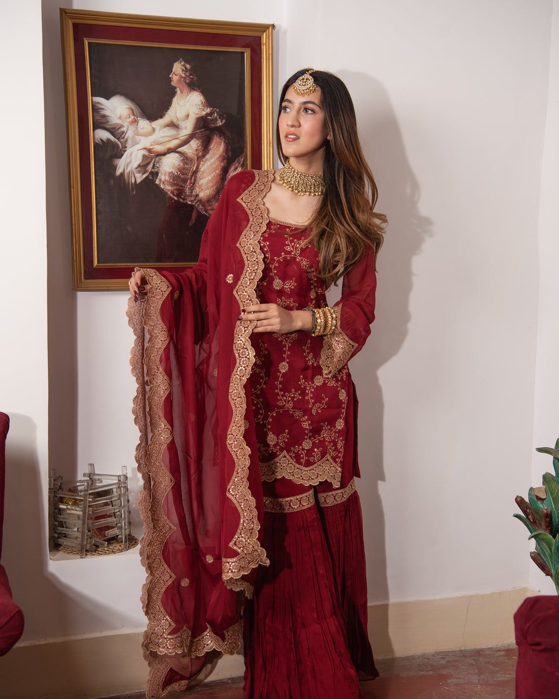 Delightful Embroidery Work Maroon Color Sharara Suit