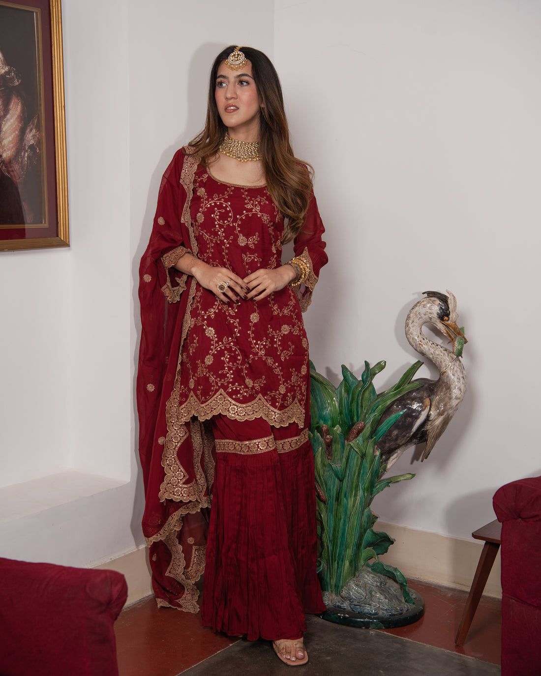 Delightful Embroidery Work Maroon Color Sharara Suit