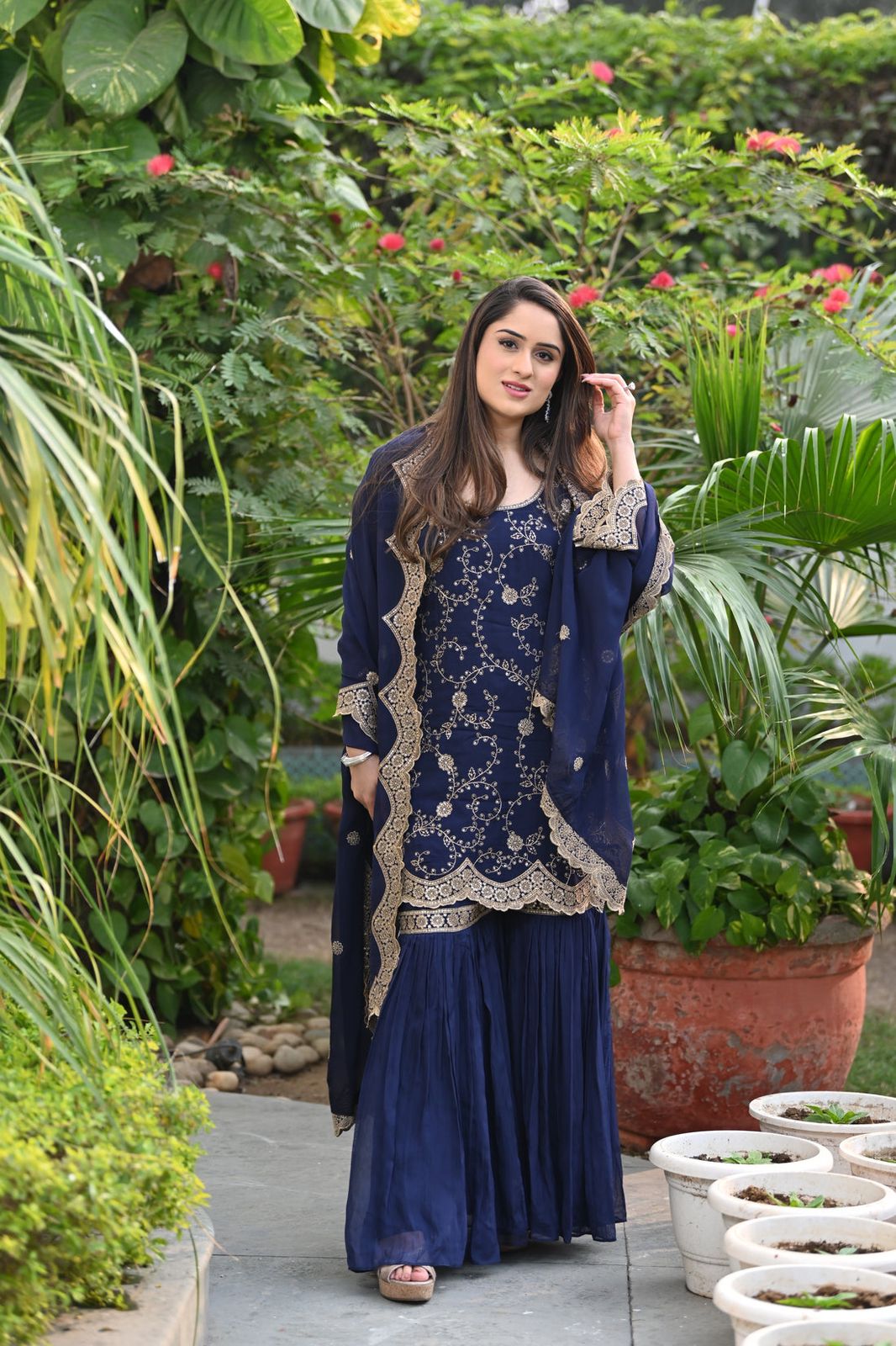 Delightful Embroidery Work Navy Blue Color Sharara Suit