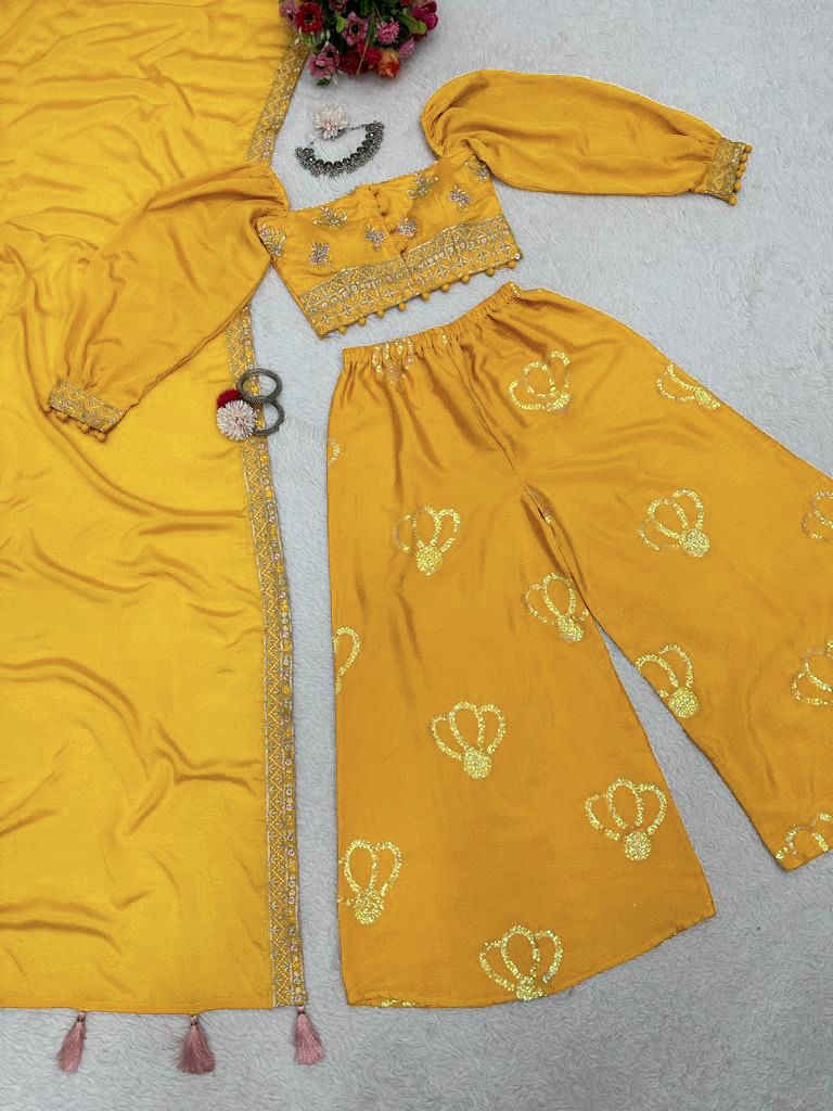 Yellow Color Haldi Wear Thread Sequence Work Palazzo Suit