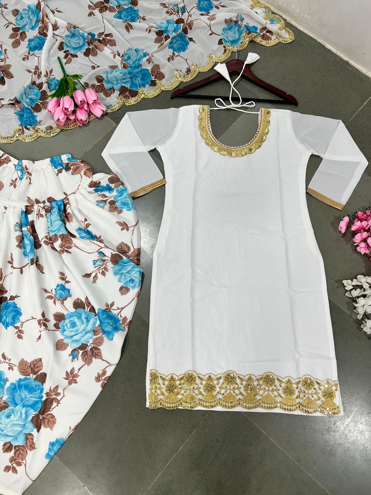 Trendy Sky With White Embroidery Work Dhoti Suit With Dupatta