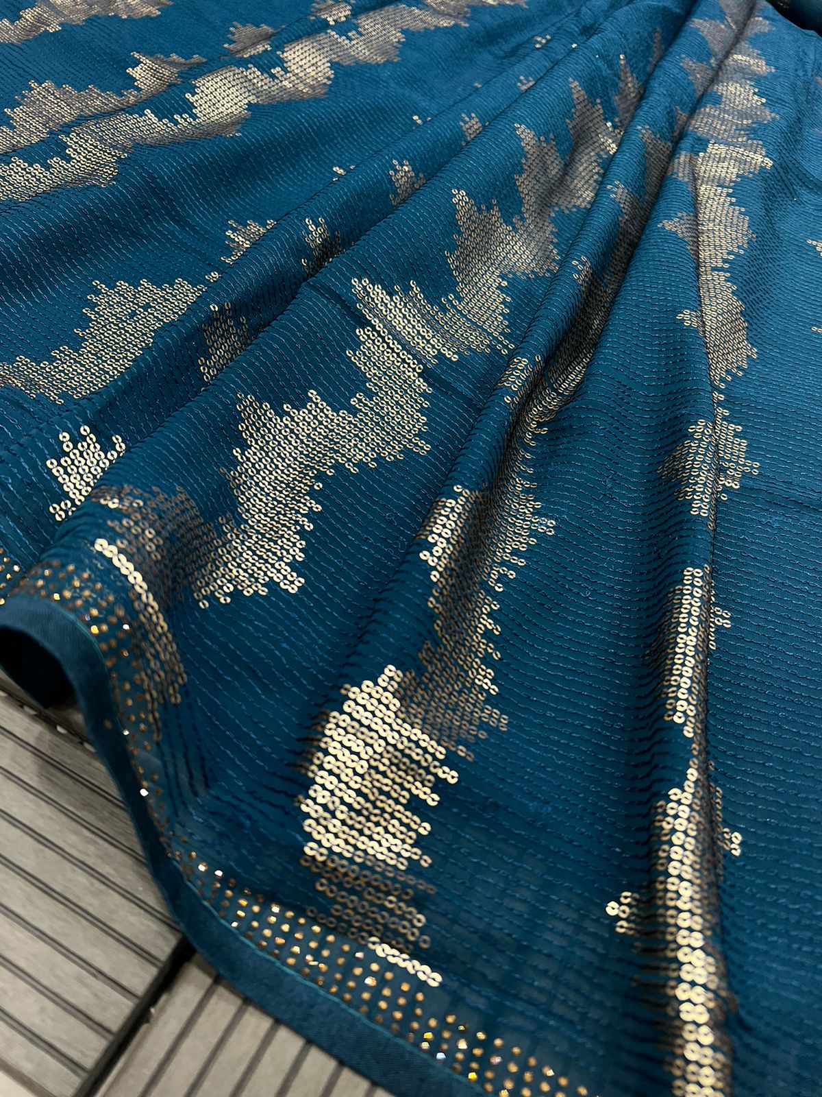 Beautiful Work Teal Blue Color Party Wear Saree