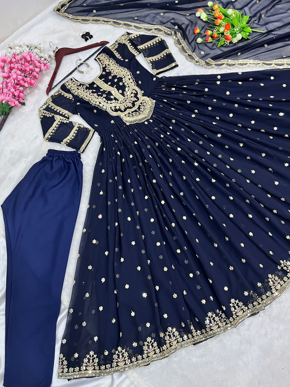 Amazing Embroidery Work Navy Blue Color Gown