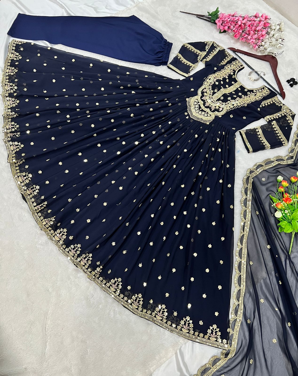 Amazing Embroidery Work Navy Blue Color Gown