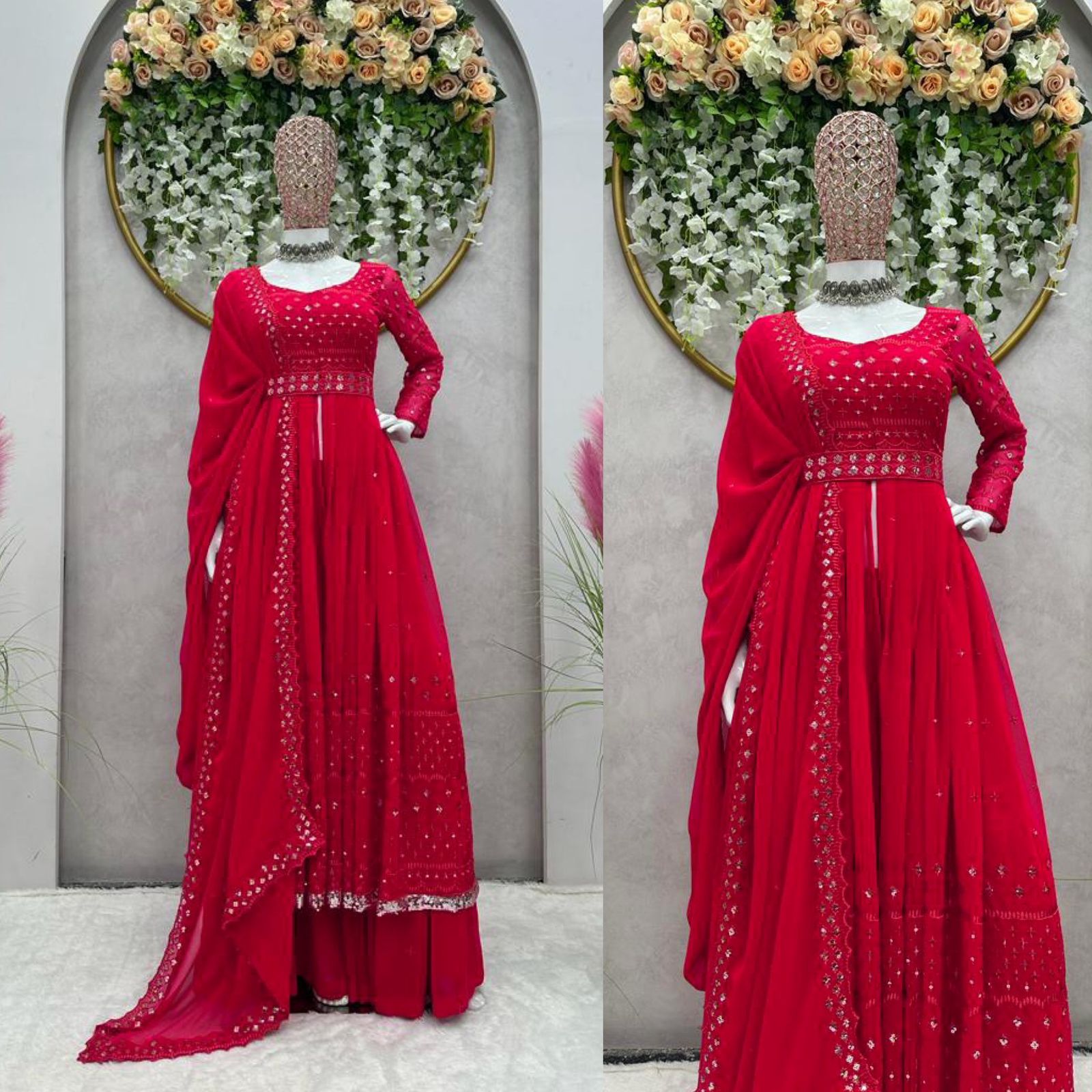 Fantastic Sequence Work Red Color Gown With Sharara