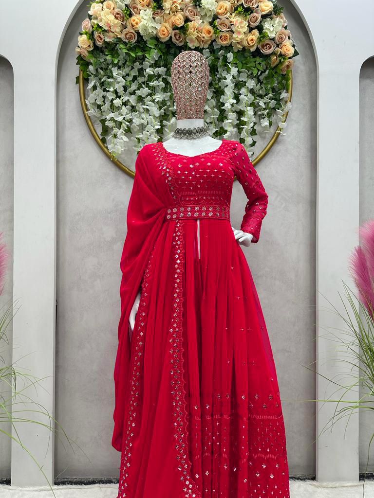 Fantastic Sequence Work Red Color Gown With Sharara