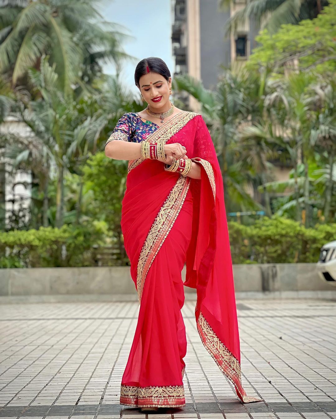 Exclusive Red Color Embroidery Work Border Saree