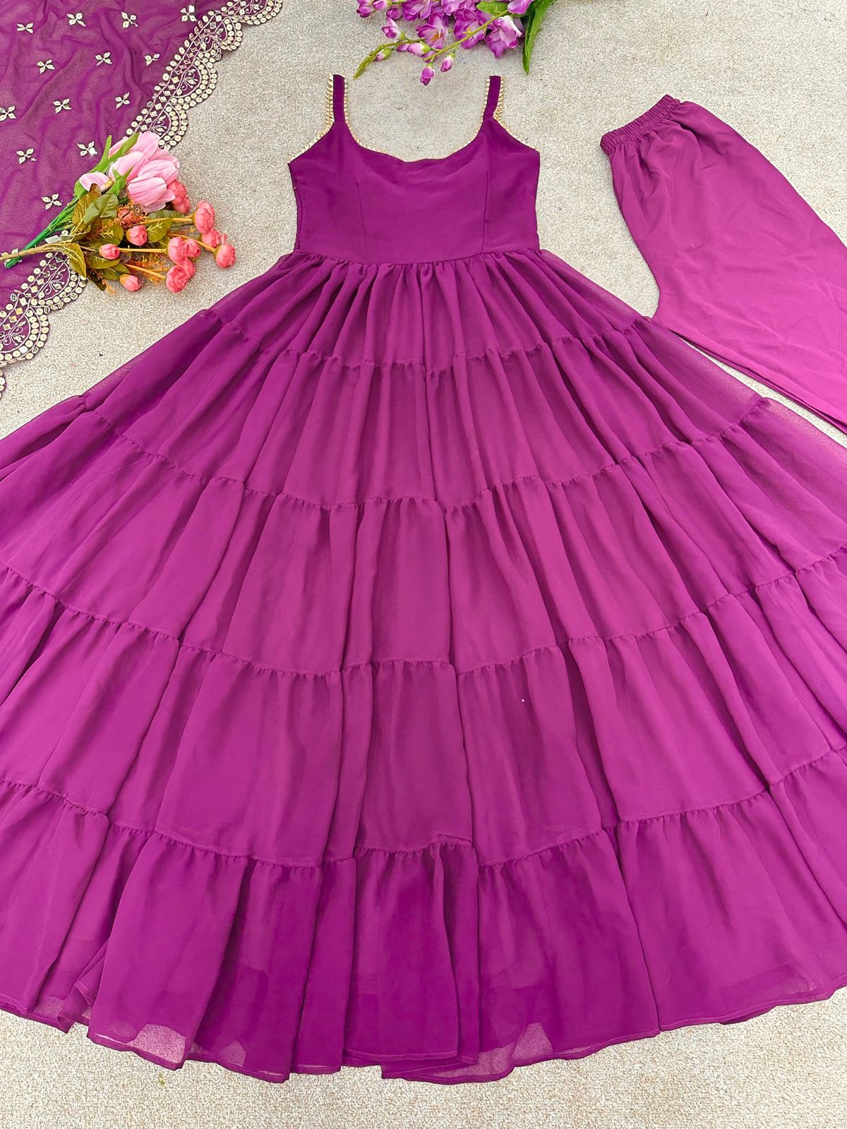 Party Wear Wine Color Ruffle Style Gown