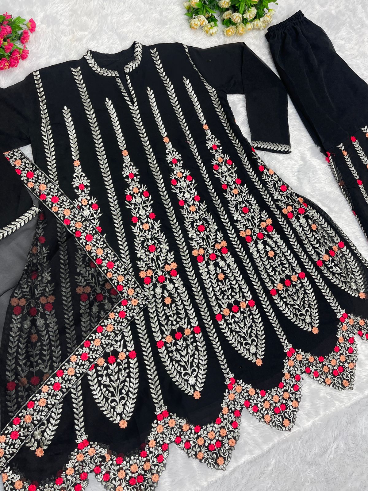 Fully Embroidered Cut Work Black Color Palazzo Suit