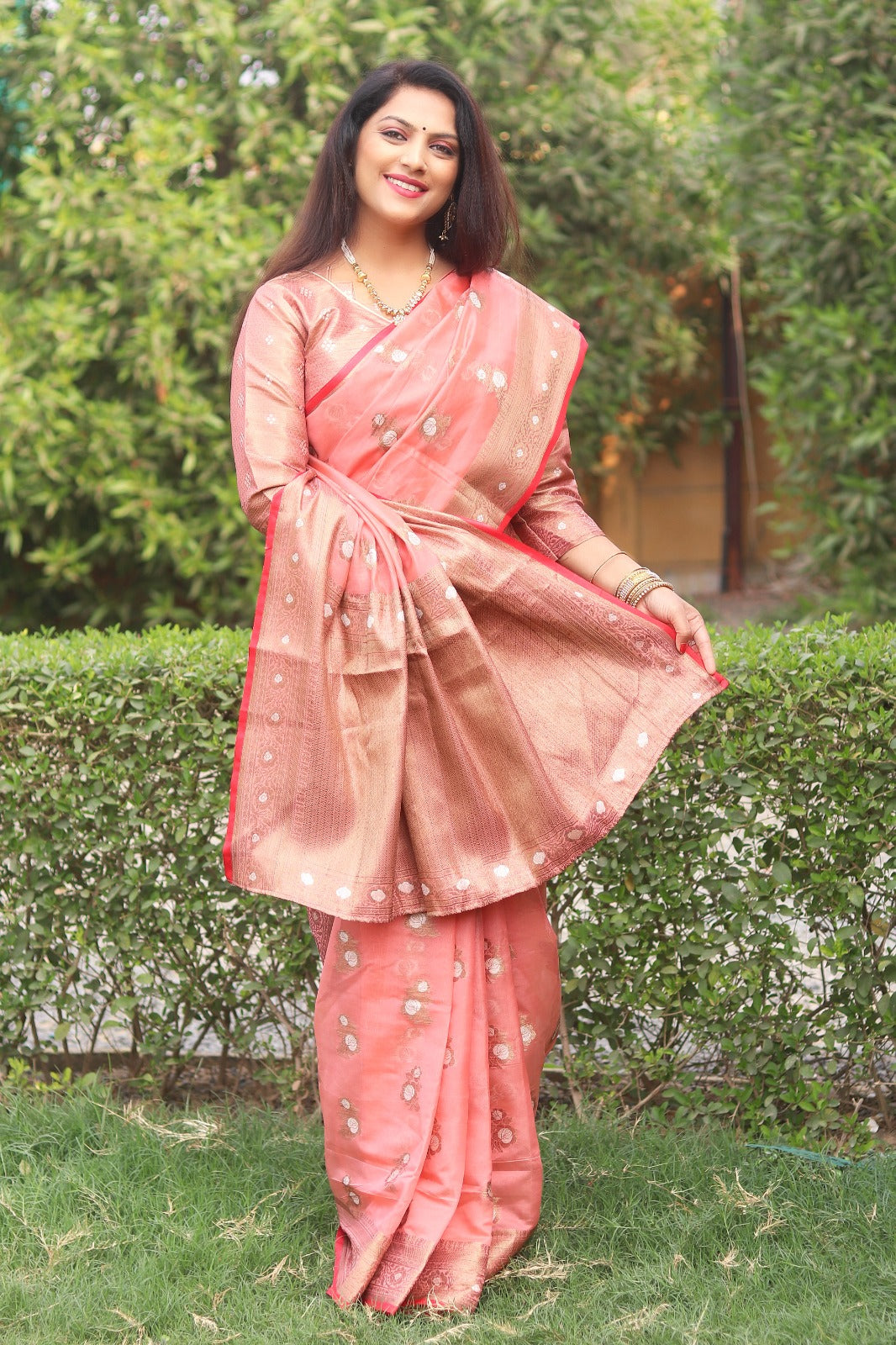 Function Wear Peach Color Zari Weaving Saree