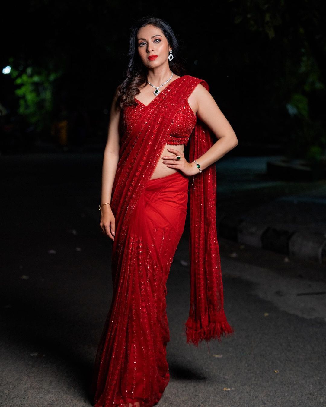 Embellished Sequence Work Red Color Saree