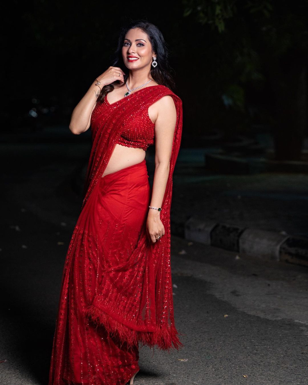 Embellished Sequence Work Red Color Saree