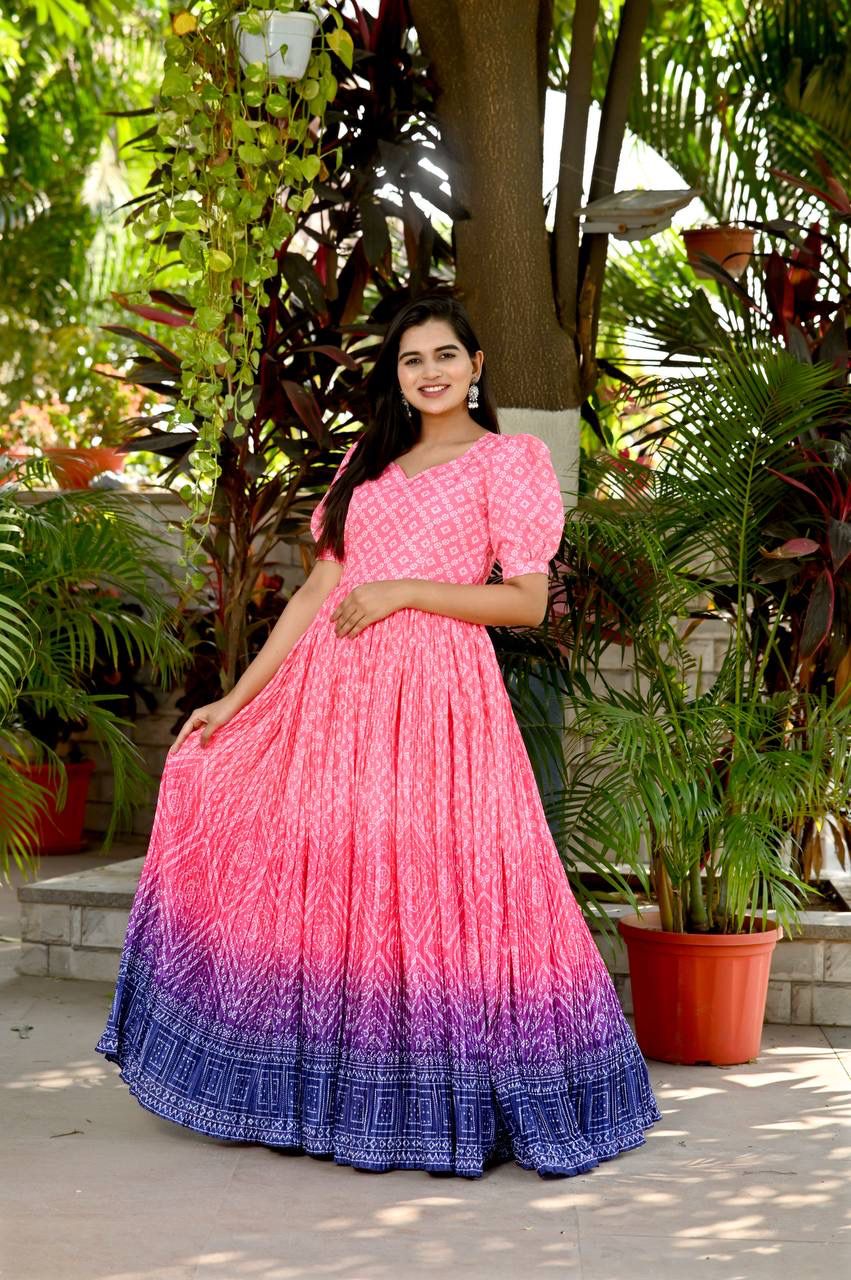 Gorgeous Pink Color Rich Print With Plated Gown