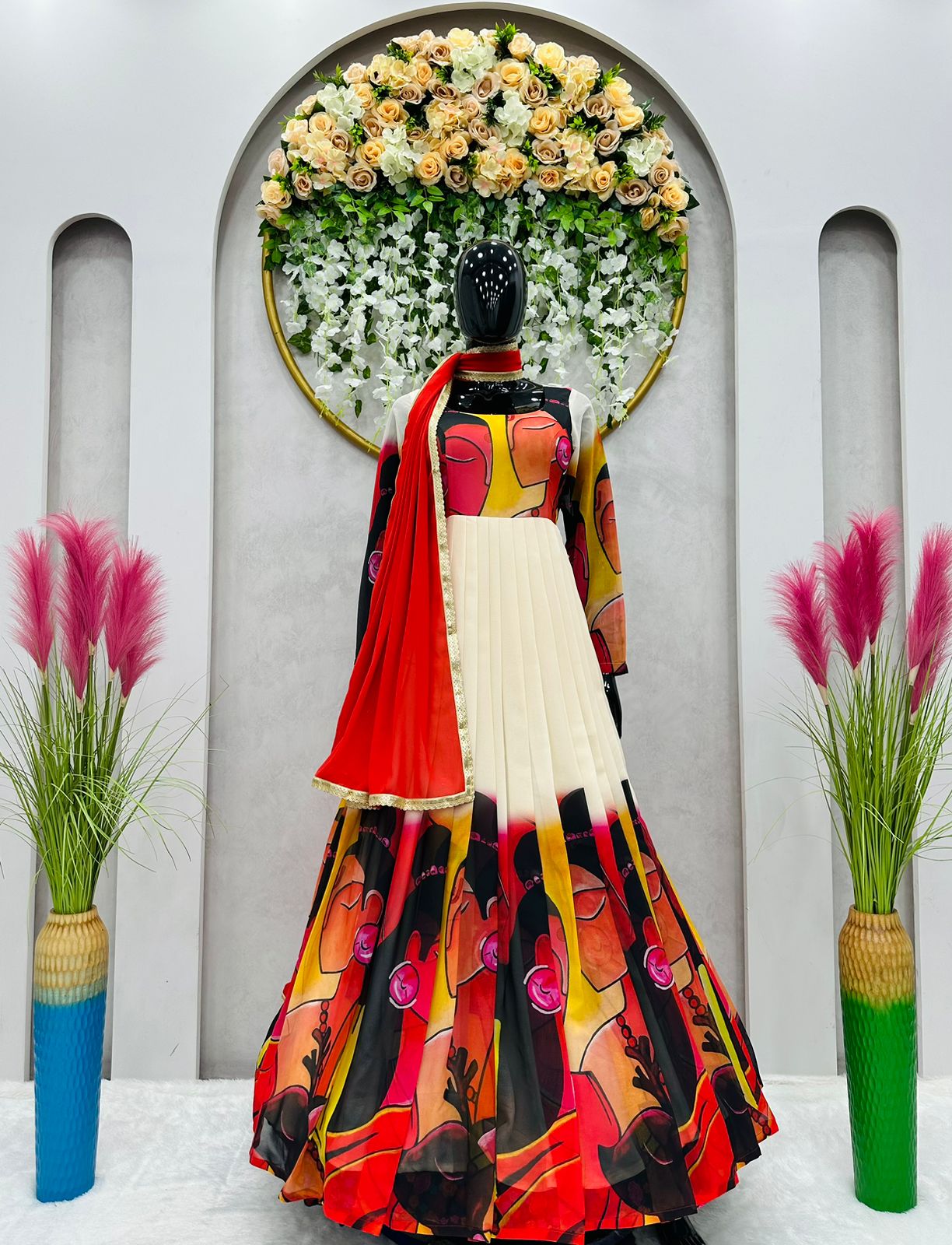 Digital Print With Multi Color Gown With Red Dupatta
