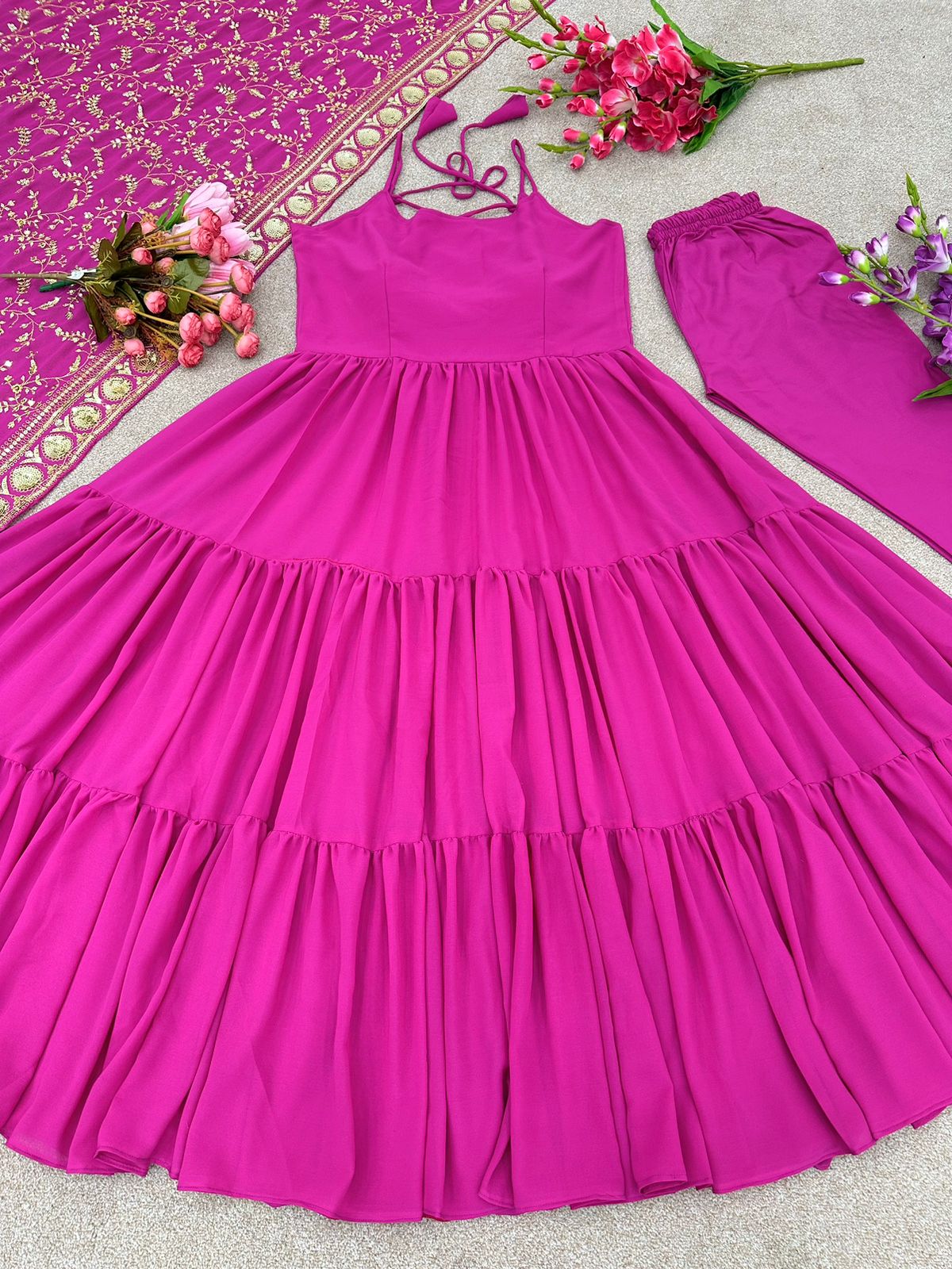 Ruffle Style Pink Color Long Gown With Embroidery Dupatta