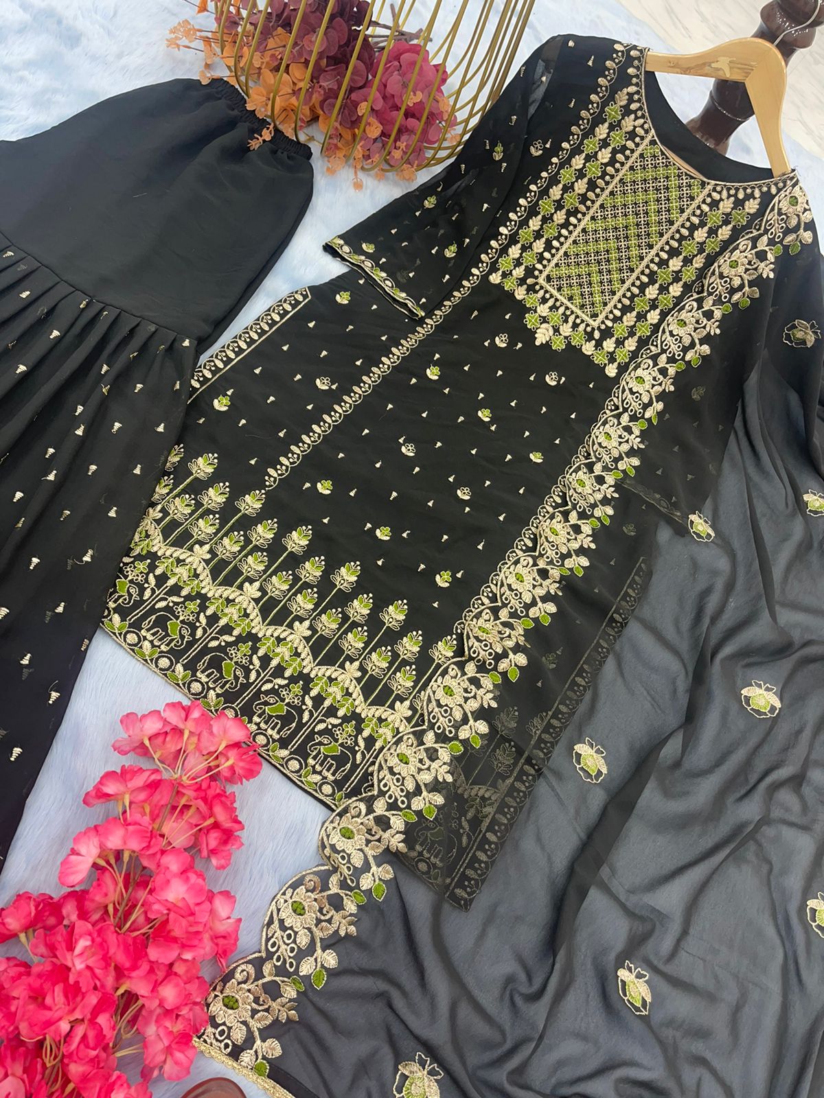 Awesome Black Color Embroidery Work Sharara Suit