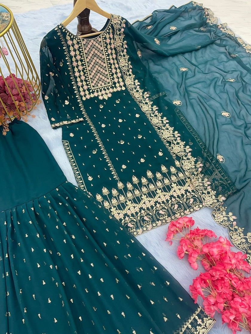 Awesome Teal Green Color Embroidery Work Sharara Suit